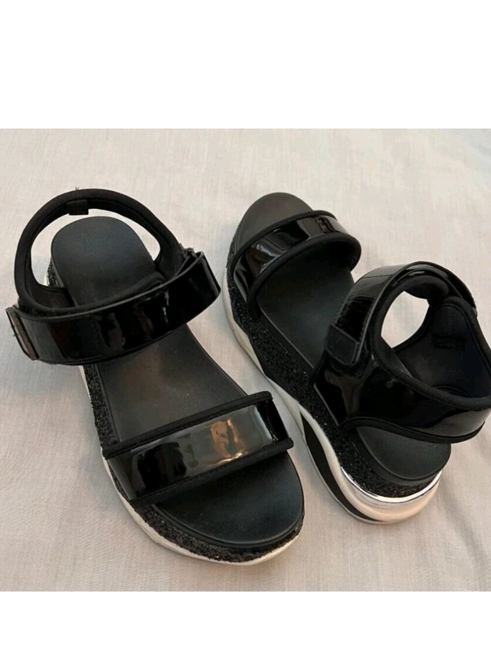 Aldo Black Patent Platform Velcro Sandals for Women 7.5